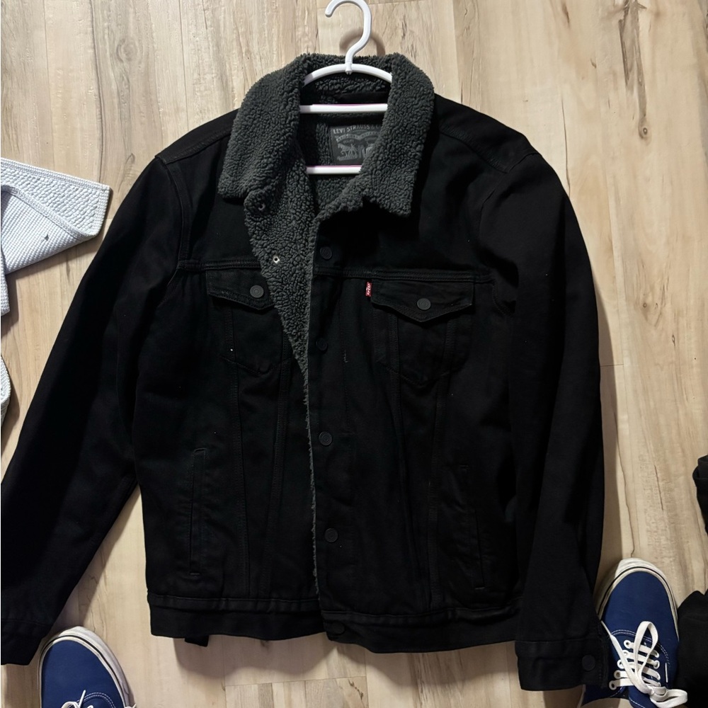 Levi's Black Denim Jacket with Gray Sherpa Collar